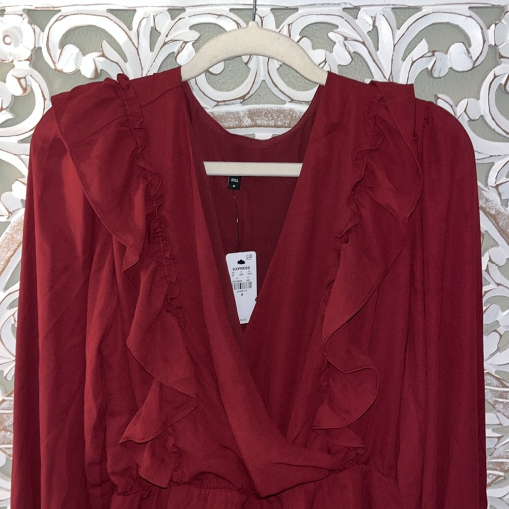Express Burgundy Ruffle Blouse - Picture 3 of 10